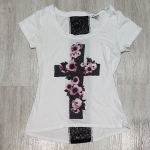 Express White Short-Sleeve Tee with Black Cross and Pink Floral Detail